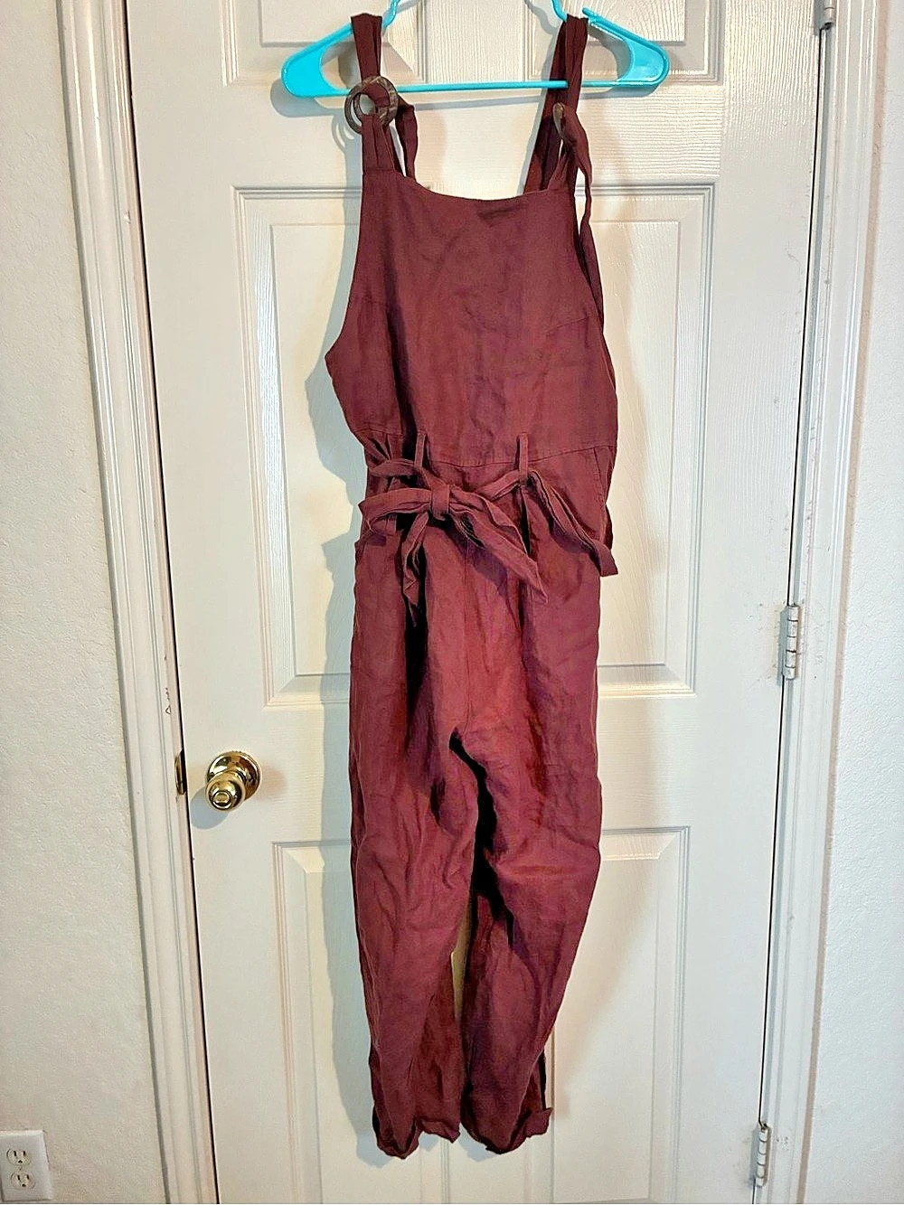 Free People Burgundy 100% Linen Jumpsuit Adjustable Straps and Buttons XS